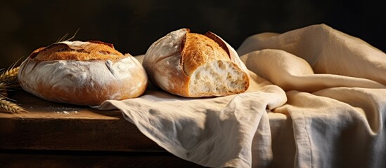 Poster - Jute fabric with freshly baked artisan sourdough bread loaves creating a visually appealing copy space image