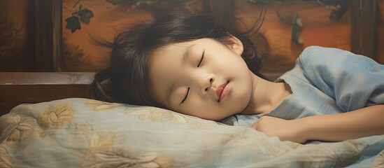 Poster - A charming Asian child peacefully sleeps on a bed in a vintage toned photograph surrounded by a captivating copy space image