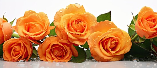 Fototapete - A cluster of vibrant orange roses bloom against a white wall adorned with droplets The image provides ample copy space