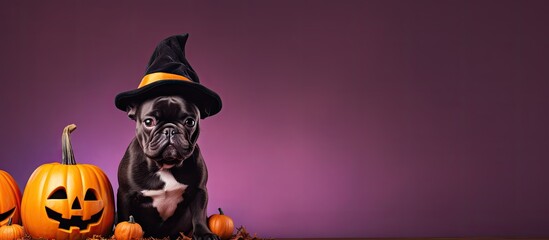 Poster - A French Bulldog wearing a witch hat poses next to a cauldron and pumpkins on a purple background creating a vibrant and festive copy space image