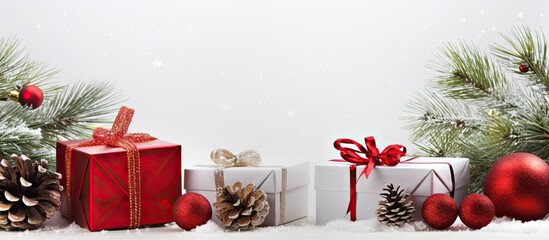Poster - A festive arrangement of holiday gifts adorned with a spruce branch and ornaments on a clean white backdrop perfect for copy space image