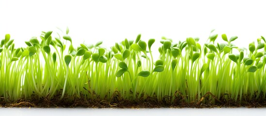 Poster - A close up of micro green sprouts on a white background with copy space image representing healthy food and lifestyle