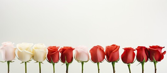Poster - High quality photo of a row of beautiful rose buds providing copy space The background consists of white and red roses