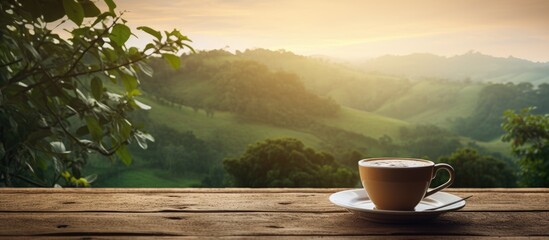 Aufkleber - A copy space image of a cup of coffee placed on a rustic wooden table amidst a scenic natural setting