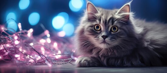 Aufkleber - A charming feline energetically interacts with sparkly Christmas tinsel in an adorable copy space image