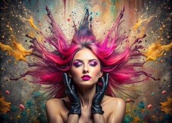 Wall Mural - A creative banner for a beauty salon or barbershop. Fashionable professional hair coloring. A beautiful woman with long pink hair. An explosion of colors on the head.