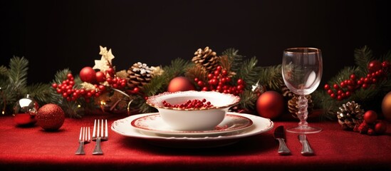 Aufkleber - A festive Christmas plate setting with a beautifully arranged table featuring holiday themed decor and a copy space image