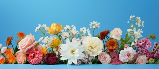 Poster - A gorgeous arrangement of flowers set against a vibrant blue backdrop creating a stunning copy space image