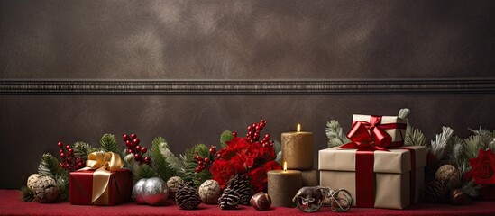 Poster - Festive holiday setting showcasing a well crafted arrangement featuring a Christmas present alongside decorative elements and an unmarked card all displayed on a vibrant backdrop