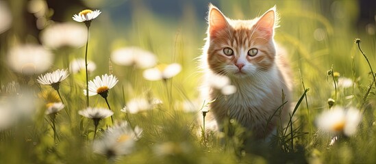 Aufkleber - Cat romps in a sunny meadow with plenty of empty space for a picture. with copy space image. Place for adding text or design