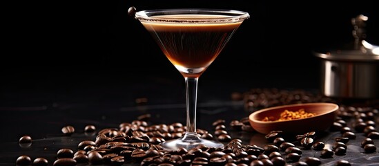 Poster - An Espresso Martini cocktail garnished with coffee beans creating an aesthetically pleasing copy space image