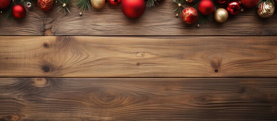 Poster - A festive holiday background with Christmas decorations placed on a wooden table captured from a top down perspective providing ample room for additional content in the image