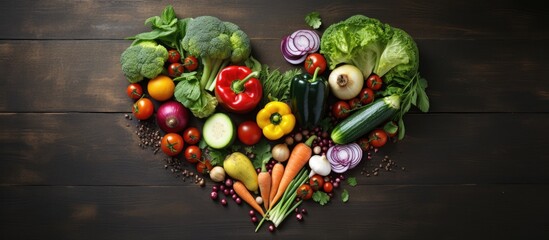 Wall Mural - Heart shaped arrangement of vegetables on a table creating a conceptual image of vegetarian cuisine with copy space