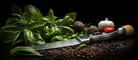 Aufkleber - A culinary theme with basil black pepper and a kitchen knife on a black background offering copy space for text