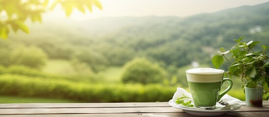 Fototapete - A matcha latte is placed on a village terrace surrounded by a comfortable armchair and lush greenery creating a cozy country atmosphere Copy space image