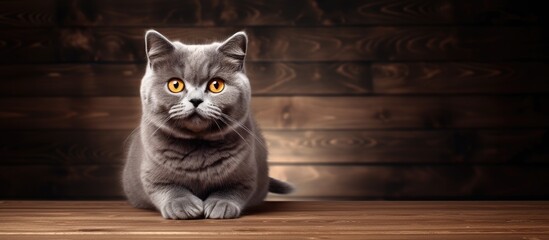 Poster - A charming gray cat sits on a wooden surface with an empty space for additional content in the background image