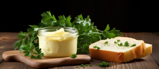 Aufkleber - A copy space image of butter bread and parsley placed on a wooden background
