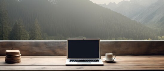 Poster - A desk with a laptop displaying no content on its screen provides ample copy space for images
