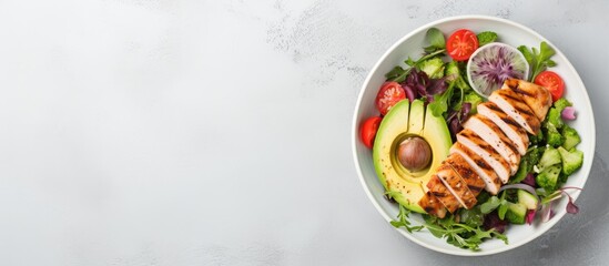 Poster - Aerial shot of a white bowl filled with a delicious salad The salad includes grilled chicken fillet and is placed on a light slate stone or concrete background There is also enough empty space for ad