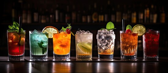 Poster - A copy space image displaying a variety of popular summer cocktail drinks including negroni blueberry mojito screwdriver hurricane and french mule arranged on a black bar counter