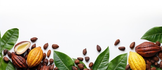 Poster - A copy space image of fresh cocoa fruits half sliced and accompanied by a green leaf seen from a top view on a white background