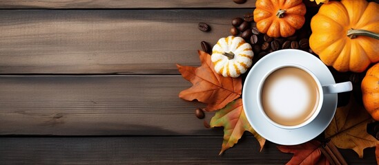 Aufkleber - A cup of coffee is beautifully presented with seasonal autumnal leaves and pumpkins on a white background The image offers plenty of room for additional content