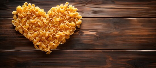Aufkleber - Copy space image of a heart shaped arrangement made of flour and pasta placed on a vibrant wooden background