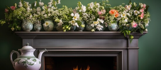 Poster - A pot filled with spring flowers is displayed on a fireplace mantelpiece creating a charming copy space image
