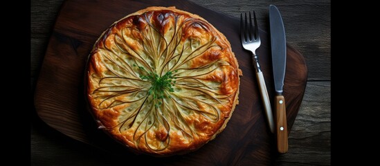 Aufkleber - A delicious leek pie is presented with a cake server on a dark textured table in a top down view There is ample copy space available