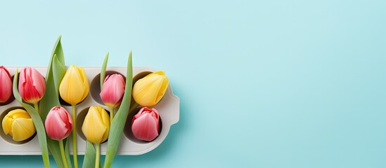 Poster - A colorful Easter egg tray adorned with tulips sits on a pastel blue and yellow background creating a festive Easter party concept The front view showcases the opportunity to make personalized Easter