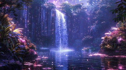 Wall Mural - A photo of a celestial waterfall with shimmering water, a mystical forest with luminescent plants and a starlit sky