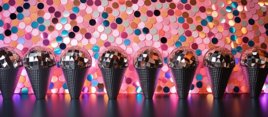 Fototapete - A party themed copy space image featuring disco balls arranged in a cone for a festive flat lay