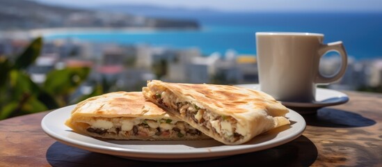 Poster - Enjoy a delicious Quesadilla a popular local dessert from El Hierro island accompanied by a cup of coffee at a charming local cafe. with copy space image. Place for adding text or design