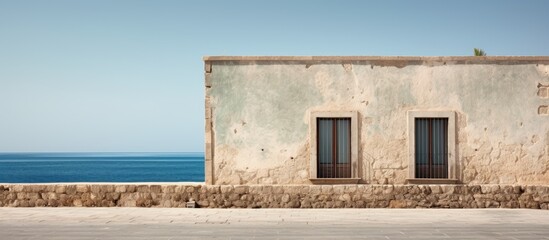 Aufkleber - A historic Mediterranean coastal building with an old stone facade offering a beautiful backdrop for a copy space image