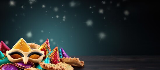 Aufkleber - Copy space image of a festive Jewish Purim holiday background featuring delicious hamantaschen or hamans ears cookies a colorful carnival mask and a lively noisemaker