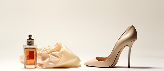 Poster - A beige high heeled shoe is seen in isolation against a white background The image has copy space and includes cosmetics and beauty products