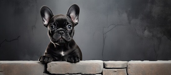 Poster - A charming black French bulldog puppy poses for a portrait against a grungy wall emanating cuteness and showcasing the bond between humans and their beloved pets Copy space image