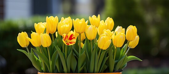 Aufkleber - Close up image of a flower pot filled with stunning yellow tulips in a garden symbolizing Easter Spring and Mother s Day Includes copy space for customization