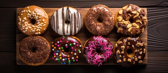 Poster - Celebratory concept showcased in a top view image of delicious donuts arranged on a wooden plate with ample copy space