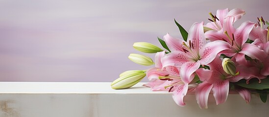 Aufkleber - A delightful Mother s Day card showcasing lovely pink lily flowers presented in a gift box on a pastel table The top view perspective highlights the beautiful flowers and leaves ample room for text or