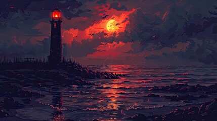 Poster - Dramatic seascape featuring a lighthouse silhouetted against a vibrant, cloudy sunset sky, with waves crashing onto the rocky shore below.