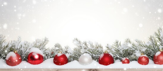 Poster - A festive New Year card featuring a Christmas snow border adorned with shiny white and red balls accompanied by evergreen branches on a white wooden background The design offers copy space image