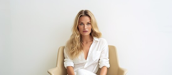 Poster - A beautiful blonde model seated on a chair gazes at the camera in a fashion photo taken in a studio against a white backdrop The image includes copy space