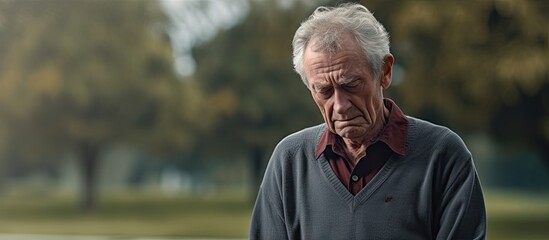 Poster - An elderly Caucasian man looking sad and stressed is shown in a park outdoors The image provides space for additional content The panoramic banner captures the concept of a challenging retired life du