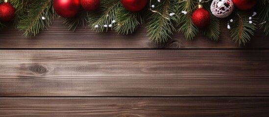 Poster - A festive frame with Christmas decorations on a wooden background including a branch from a fir tree and red and white baubles Copy space image