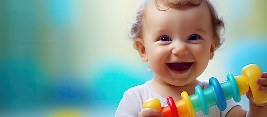 Poster - Adorable baby boy happily playing with a colorful rattle surrounded by a copy space image