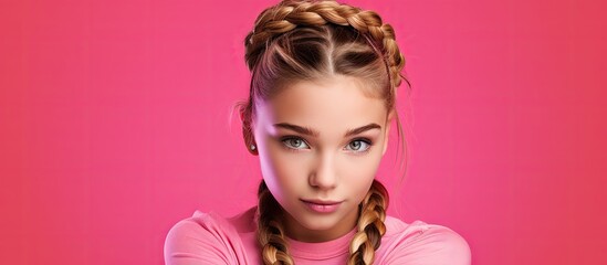 Poster - Adorable girl with braided hair posing on a vibrant pink background leaving room for text. with copy space image. Place for adding text or design