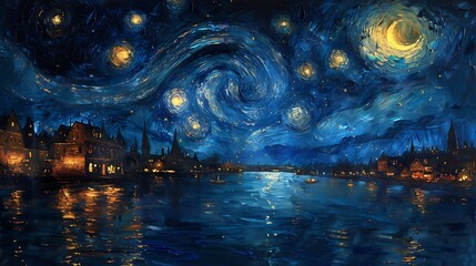 Wall Mural - Starry Night is an oil painting on canvas in the style of Van Gogh