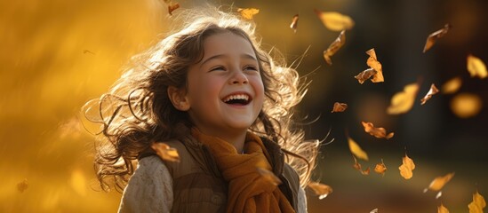 Poster - In the delightful autumn scenery a young girl joyfully interacts with the falling leaves creating a heartwarming and playful atmosphere captured in this copy space image