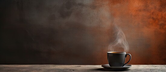 Poster - A dark coffee cup rests on a grungy background providing just enough empty space for other elements in the image. with copy space image. Place for adding text or design